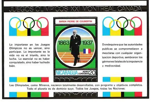 Nicaragua: Juegos Olimpicos XXI Montréal Canada: Baron de Coubertin