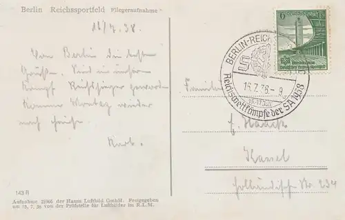 Berlin 1938: Reichswettkämpfe der SA - Ansichtskarte Reichssportfeld