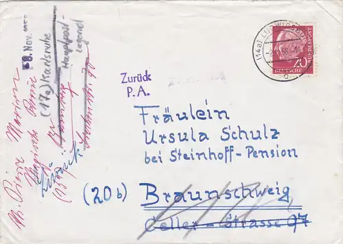 Brief 1958 von Ludwigsburg nach Braunschweig - Ermittlung des Absenders geöffnet