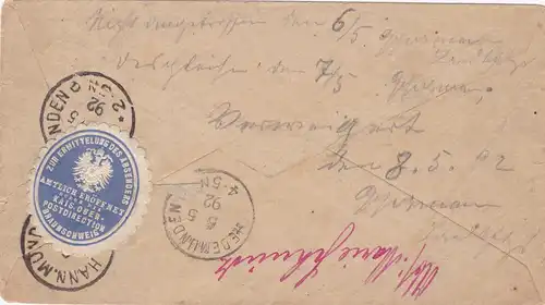 Lettre 1892 de Hanovre Münden à Laubach-retour-d'enquêteur