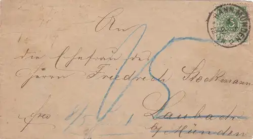 Brief 1892 von Hannover Münden nach Laubach-zurück-Ermittlung Absender