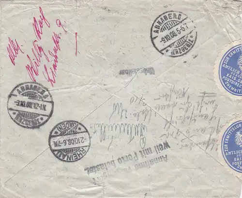 Lettre 1908 Annaberg à Rheinau et retour-Lettre ouverte identification de l'expéditeur