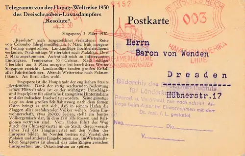 Carte de Singapore: Télégramme Hapag Voyage mondial 1930 vers Dresde
