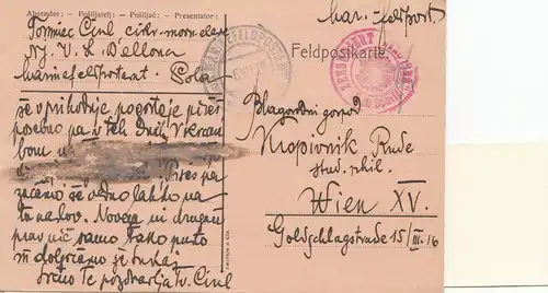 Poste de campagne navale: 1916: vers Vienne: S.M.S. Bellona-Scensure navale