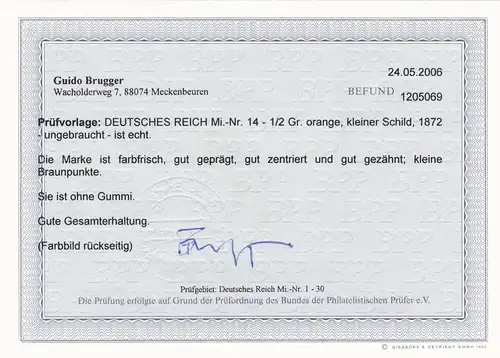 Reich allemand: MiNr. 14, BPP Resultat, oG