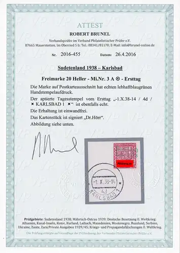 Sudetenland: MiNr. 3A, gestempelt, Ersttag