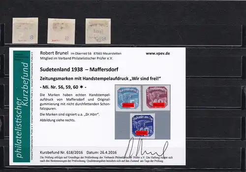 Sudetenland: MiNr. 56,59,60, * Handstempelaufdruck Zeitungsmarken