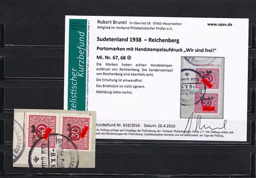 Sudetenland: MiNr. 67, 68, gestempelt, Handstempelaufdruck Zeitungsmarken