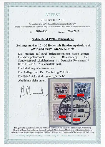 Sudetenland: MiNr. 52-54, gestempelt, Handstempelaufdruck - Zeitungsmarken