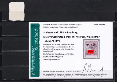 Sudetenland: MiNr. 46I, * Rumburg, Mängel, ABER: Nur 70 Stk Auflage