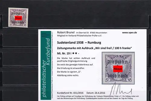 Sudetenland: MiNr. 19I, **, Rumburg