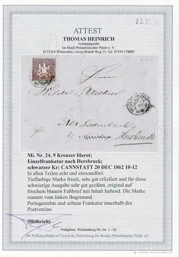 Württemberg: MiNr. 24 - Einzelfrankatur: BPP Attest