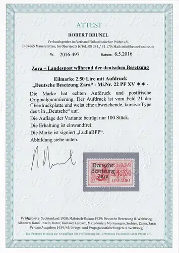 Zara: MiNr. 22 PF XV, postfrisch, **