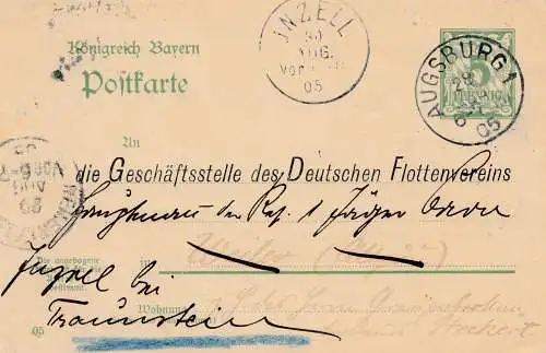 1905: Ganzsache Augsburg nach Inzell-Geschäftsstelle Flottenverein