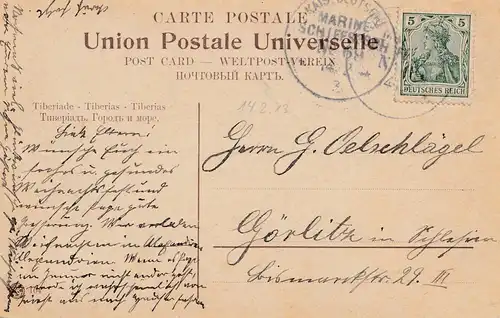 1913: Ansichtskarte Tiberias: Marine Schiffpost Nr. 69 nach Görlitz