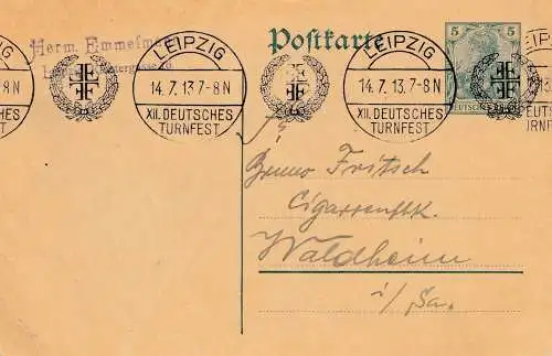 1913: Leipzig Deutsches Turnfest - Ganzsache nach Waldheim
