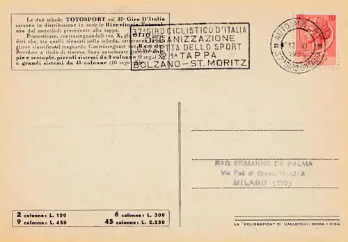 1954: Italie: Totosport: all 22 carts; 37. Giro D'Italia: 22 different cancels