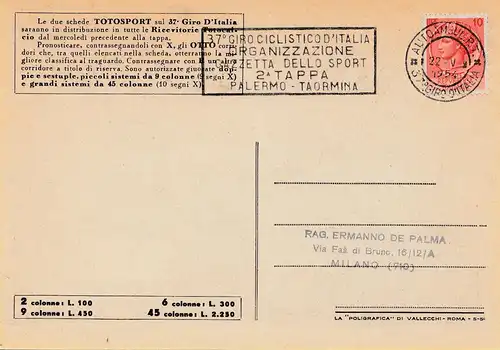 1954:  Italien: Totosport: all 22 cards; 37. Giro D'Italia: 22 different cancels