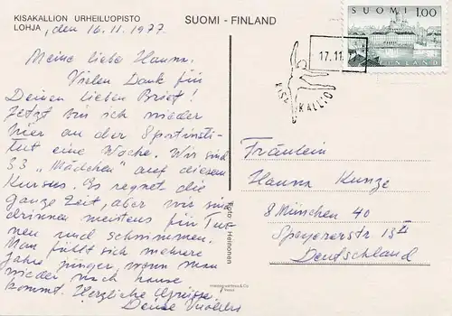1977: Carte de la Finlande vers l'Allemagne - Danse, gymnastique - Kisakallion
