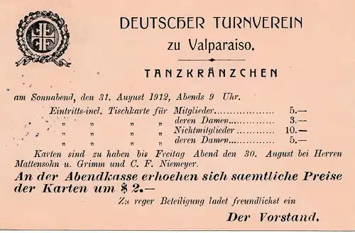1912: Chile: Deutscher Tanzverein Valparaiso-Maritima - Einladung