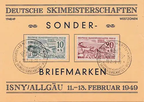 1949: Championnats de ski allemands - Timbres spéciaux-Isny/Allgäu-Württemberg
