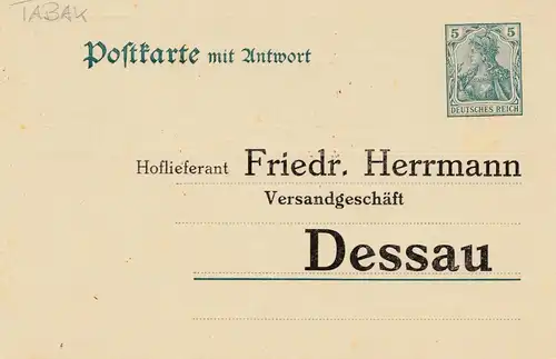 Ganzsache Germania: Priv. Zudruck:Angebot Tabak/Kautabak, Kaffee, Tee, Kakao, ..