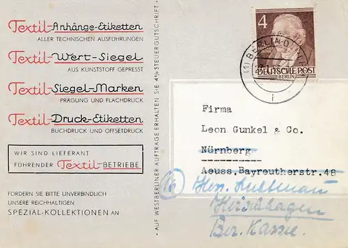 1953: Étiquettes d'annexes textiles, sceau Marques Berlin - Carte publicitaire