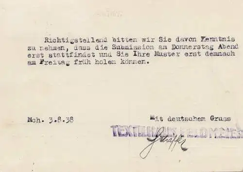 1938: Textilhaus Feldmeier München - Rundfunk Ausstellung Stempel