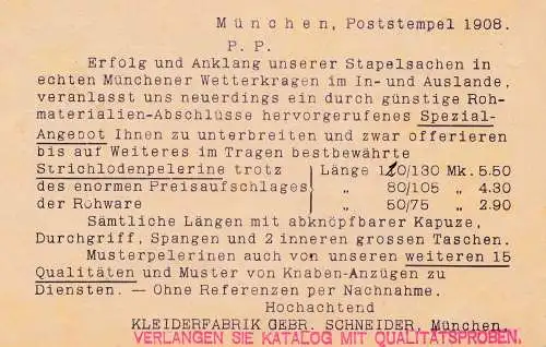 1908: Drucksache Kleiderfabrik Schneider München - Knaben Anzüge