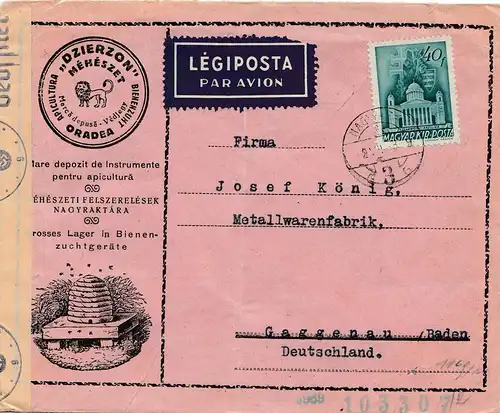 1943: Ungarn Luftpost nach Deutschland-Zensur- Löwe/Bienen