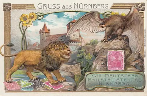 Ansichtskarte-Ganzsache: Gruss aus Nürnberg: Löwe/Adler Philatelistentag