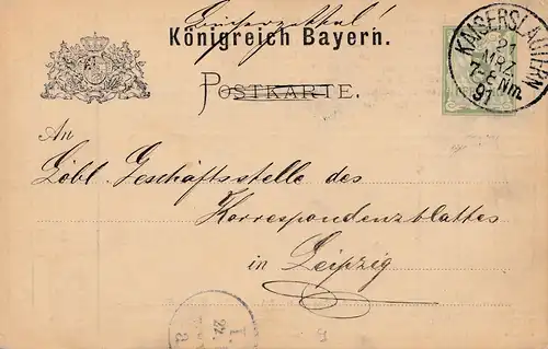 1891: Kaiserslautern Ganzsache: Angebot Fluss und Seefische