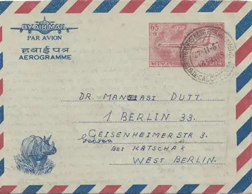 1967: Inde à Berlin-Aéroport et rhinocéros sur lettre