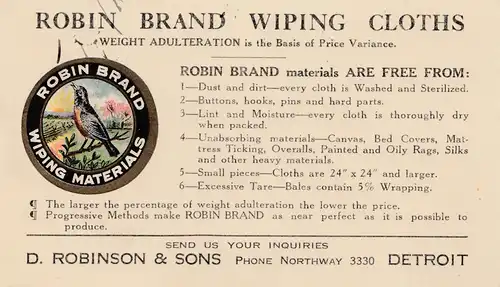 1923: États-Unis Detroit/Michigan: Robin Brand Wiping Cloths-Vogel/Bird