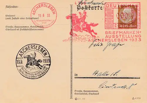 1933 Aschersleben: Briefmarkenausstellung: Reiter/Pferd