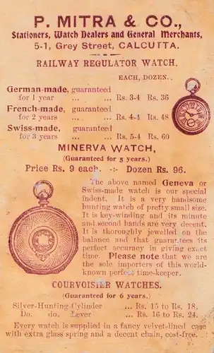 1900: Inde: Calcutta: Tout: face arrière: Montres