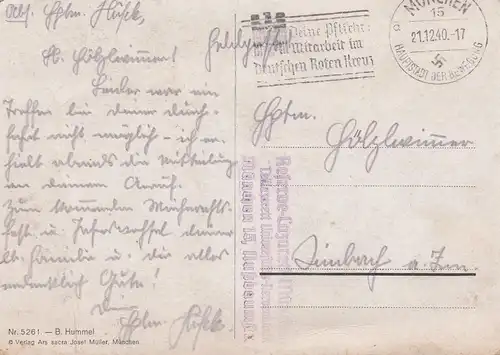 1940: Munich Feldpost Tampon publicitaire Croix rouge Aide - Hummel carte visuelle