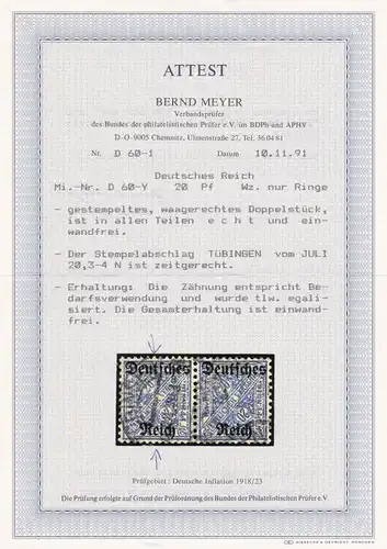 Reich allemand, 1920, Min. D 60-Y Tamponné, BPP Attest