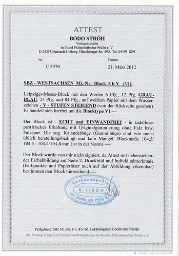 SBZ Saxe-Ouest: Min. Blcok 5 b Y (VI), frais de port, BPP Attest