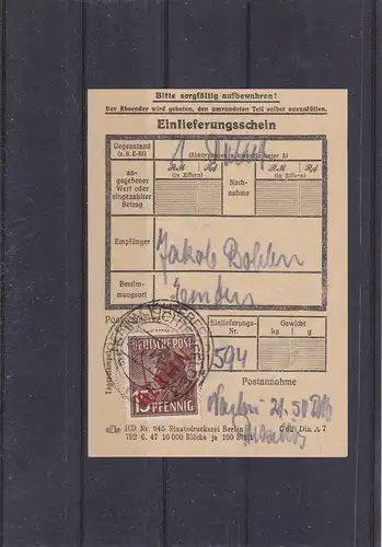 Berlin: Rotaufdruck: MiNr. 25 EF auf Einlieferungsschein 1949
