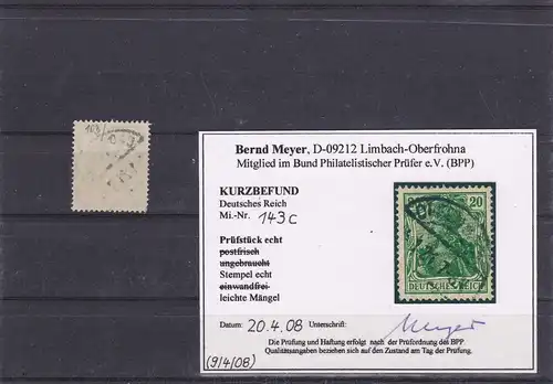 Reich allemand: MiNr. 143c, cacheté, BPP résultat