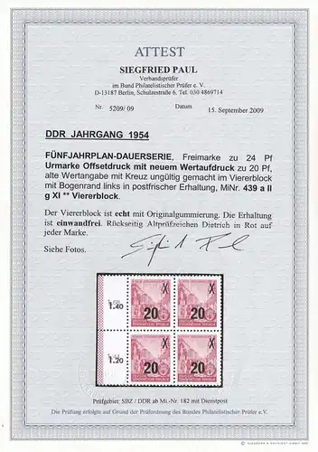 DDR: MiNr. 439 aII g XI, **, Viererblock, BPP Attest, Jahrgang 1954 SELTEN !!!