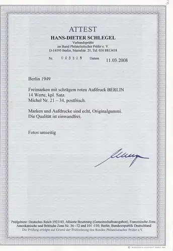 Berlin: Rouge imprimé: MiNr. 21-34, post-freich, BPP Attest