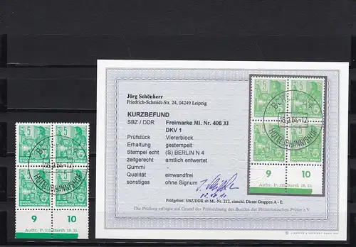 DDR: Minr. 406 XI, DKV 1, gestempelt, Viererblock, 1954, BPP Befund