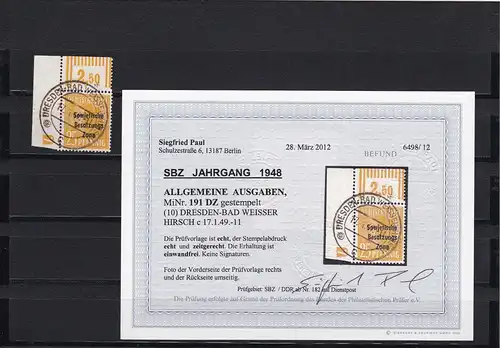 SBZ: MiNr. 191 DZ, gestempelt, BPP Befund