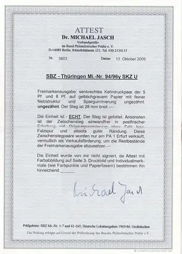 SBZ: Thuringe: MiNr. 94/96y SKZ U, post-freich, BPP Attest