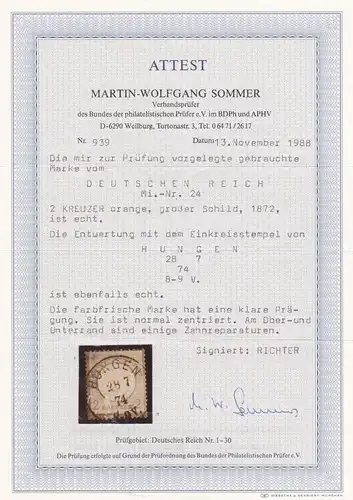Deutsches Reich: MiNr. 24, großer Schild, gestempelt, BPP Attest