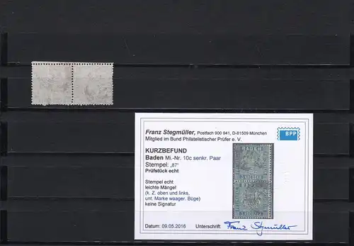 Baden: MiNr. 10c, senkr. Paar, Stempel 87, BPP Befund
