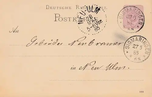 1885: Sigmaringen Ganzsache nach Neu Ulm, Rückseite: Fische