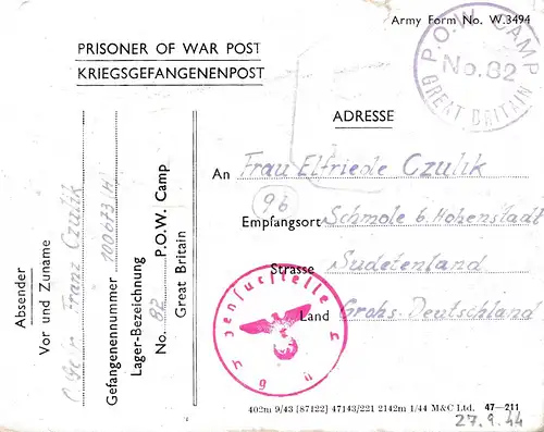 Zensur: 1944: Kgf: POW Camp 82 nach Sudetenland